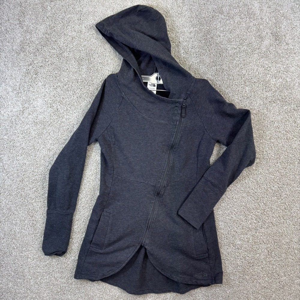 The North Face Womens Small Gray Asymmetrical Zip Moto Hoodie Jacket Thumbholes
